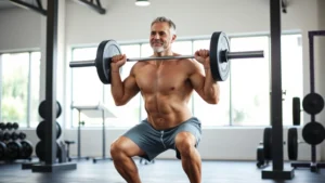 A fit 40-year-old person performing a barbell squat with perfect form in a bright, modern gym, showing strength and confidence, natural lighting highlighting muscle engagement