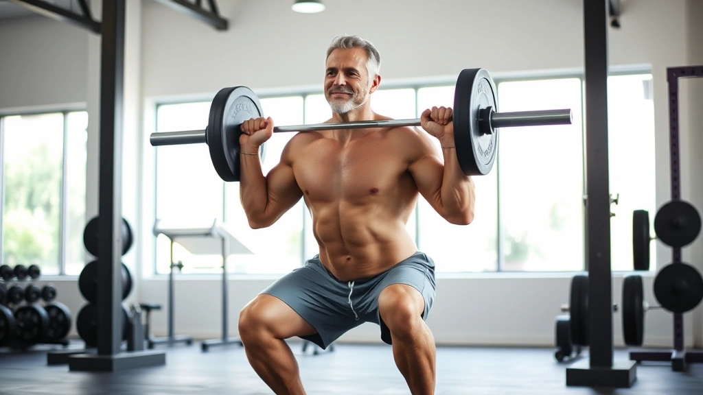 A fit 40-year-old person performing a barbell squat with perfect form in a bright, modern gym, showing strength and confidence, natural lighting highlighting muscle engagement