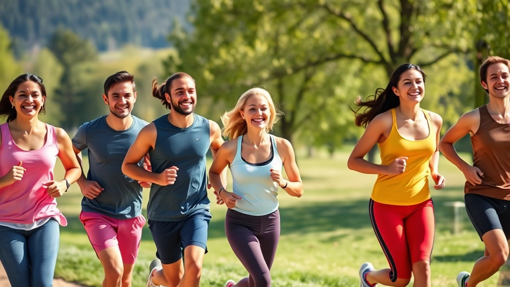 A diverse group of people jogging together outdoors on a sunny morning through a park, smiling and energized, green trees and natural landscape in background, showing active bone-loading exercise