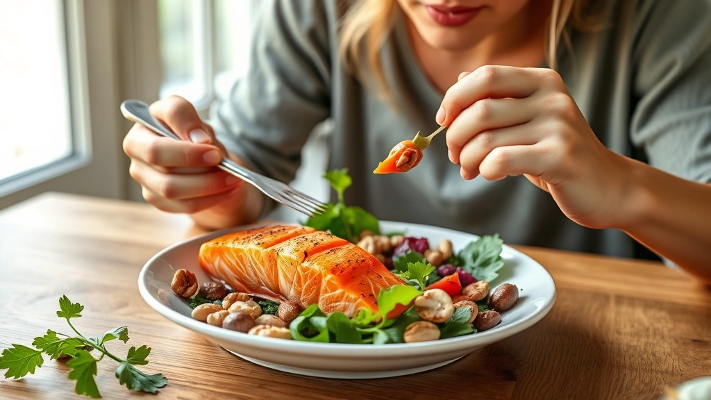 A person eating a colorful, nutrient-dense meal with salmon, leafy greens, nuts, and vegetables on a wooden table, natural sunlight from window, emphasizing whole-food nutrition for bone health