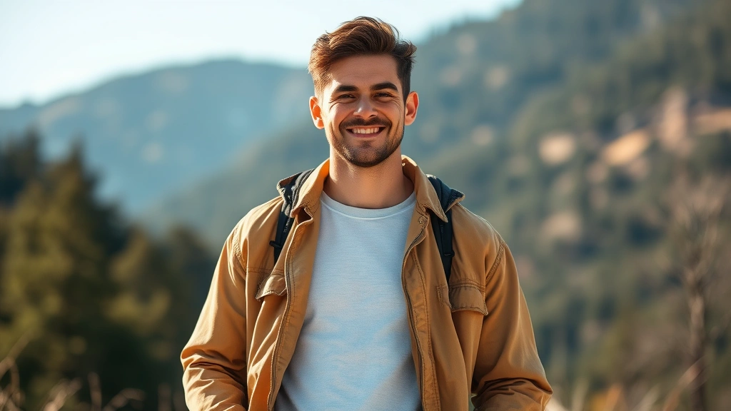A confident transgender man standing outdoors in natural sunlight, wearing clothes that reflect his authentic identity, with a genuine smile and relaxed posture suggesting inner peace and self-acceptance, surrounded by nature like mountains or forest backdrop, photorealistic warm lighting