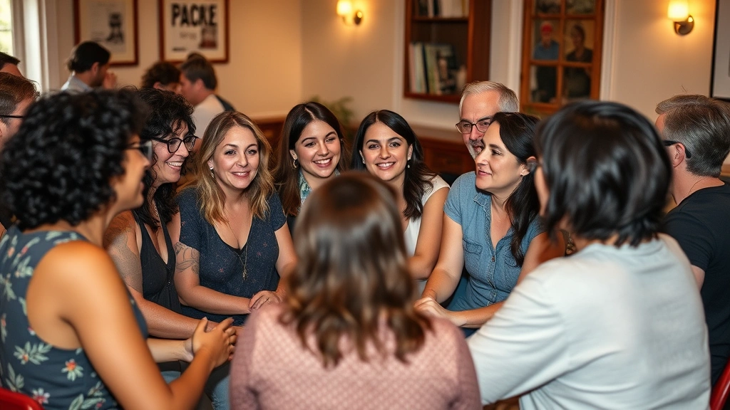 A diverse group of FTM individuals in a supportive circle during a community gathering, engaged in conversation with body language showing connection and mutual respect, warm indoor lighting, diverse ages and presentations, genuine expressions of belonging and acceptance