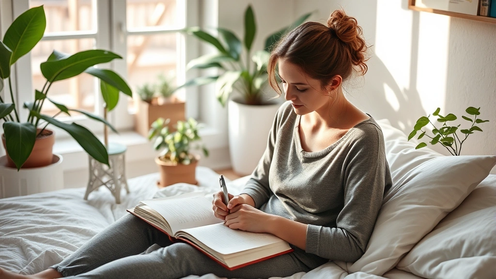 A person journaling or writing reflectively in a peaceful personal space like a bedroom or study, natural window light, surrounded by plants and calming elements, capturing the moment of internal growth and self-compassion work, thoughtful contemplative expression