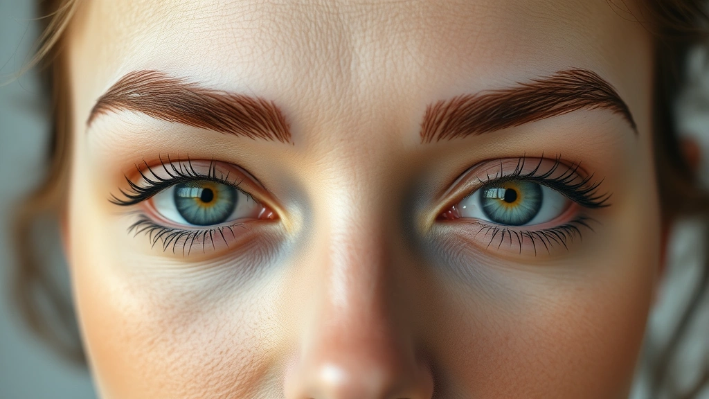 Close-up of a woman's face showing naturally full, healthy eyebrows with defined arches, soft natural lighting, clear skin, professional skincare aesthetic, no makeup visible, confident expression, photorealistic