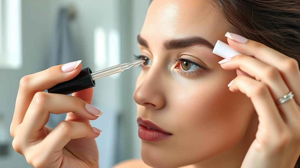 Woman applying clear brow serum with a precision applicator brush to her eyebrow, focused expression, bathroom setting with natural light, showing proper application technique, close-up detail shot, dermatological focus