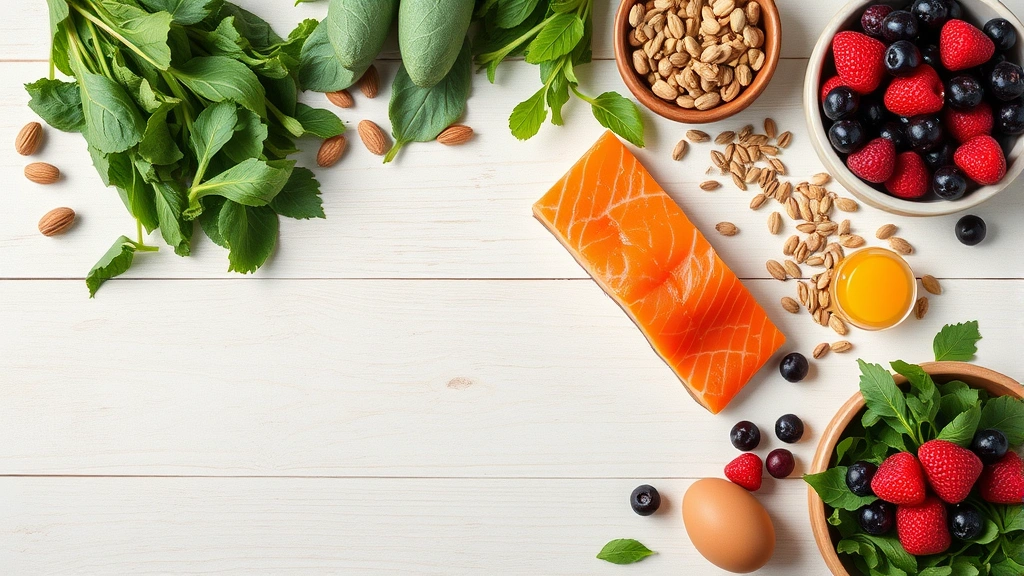 Overhead flat lay of nutritious foods including salmon, leafy greens, nuts, seeds, eggs, and berries arranged on a light wooden surface, vibrant colors, natural daylight, wellness and nutrition concept, photorealistic food photography