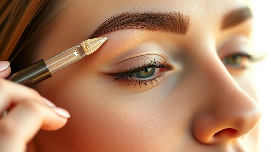 Close-up of someone applying clear serum to full, healthy eyebrows with a precision applicator brush, warm natural lighting, serene expression of self-care and confidence