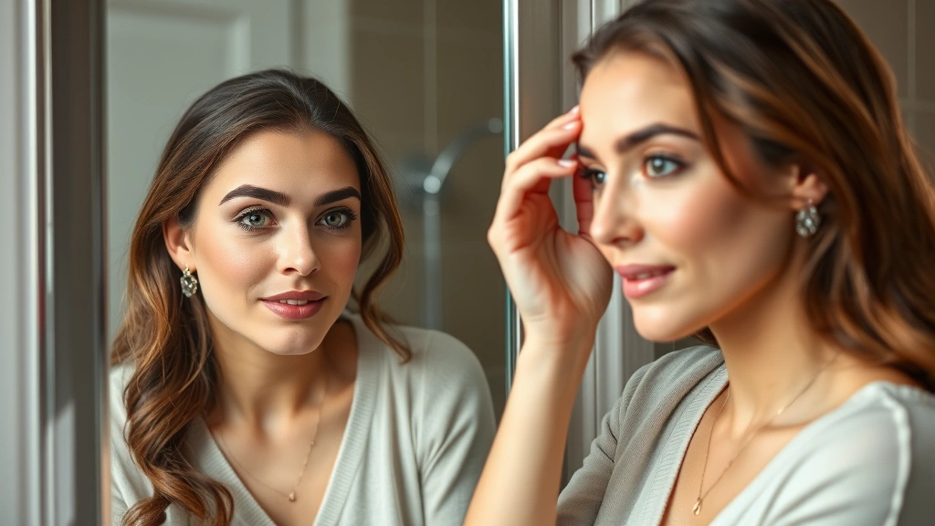 Woman examining her eyebrows in mirror with satisfied expression, touching her fuller brows, natural bathroom lighting, focusing on the transformation and confidence gained