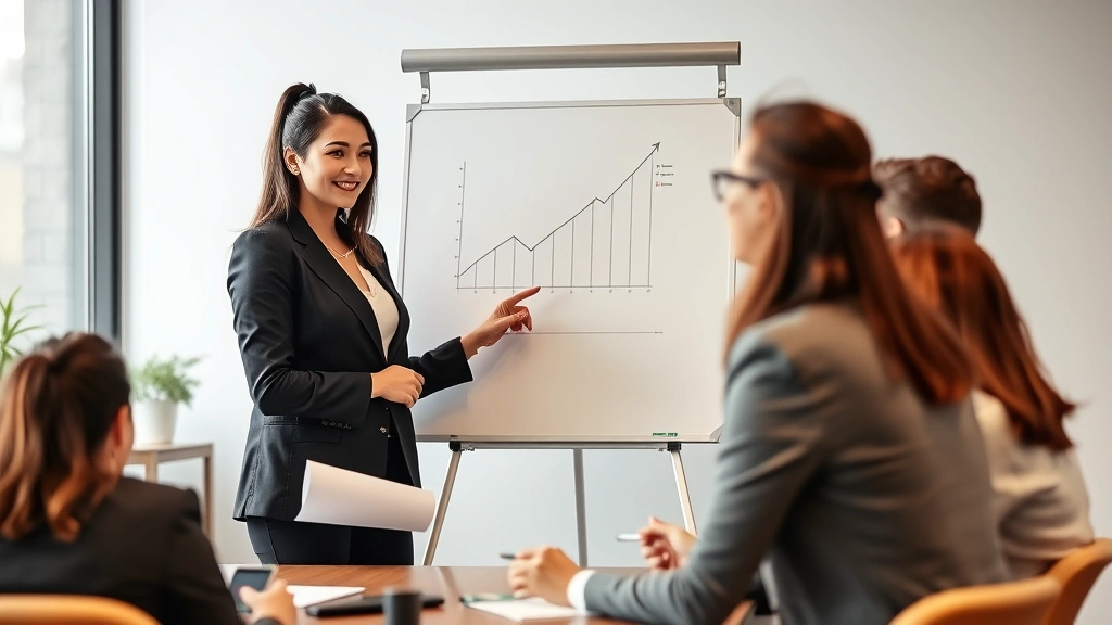 Professional woman in business attire leading a team meeting, pointing at growth chart on whiteboard, colleagues engaged and taking notes, modern office setting with natural light, confident leadership moment