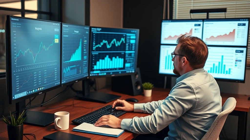 Male entrepreneur at desk analyzing sales metrics on computer screen, multiple monitors displaying graphs and data dashboards, focused expression, organized workspace with notebook and coffee, professional environment