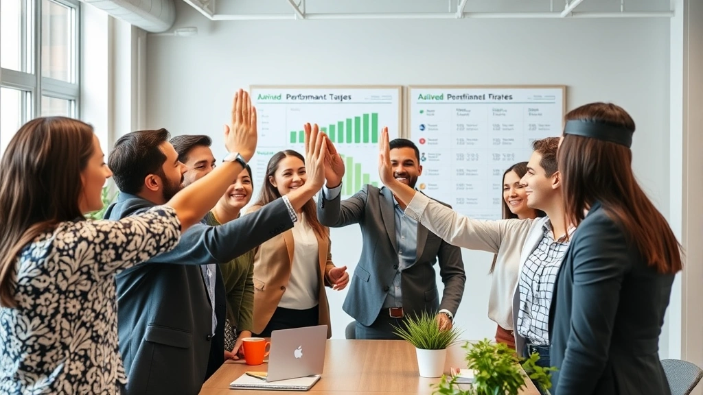 Diverse sales team celebrating success in modern office space, high-fives and smiles, performance board visible in background showing achieved targets, energetic team culture, daylight from windows