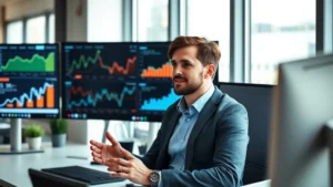 Professional entrepreneur analyzing growth charts and metrics on multiple screens in modern office, confident expression, natural lighting, focused intensity