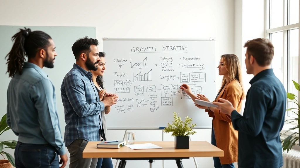Team of diverse professionals collaborating around whiteboard with growth strategy sketches, brainstorming session energy, bright workspace, creative momentum