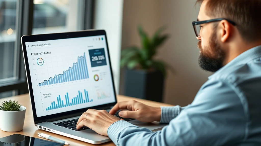 Business owner reviewing customer success data dashboard on laptop with upward trending graphs, achievement moment, professional environment, motivated expression