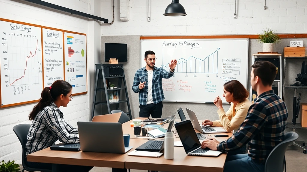 Entrepreneur in a modern garage workspace surrounded by laptops, whiteboards with growth charts, and team members collaborating enthusiastically on startup planning