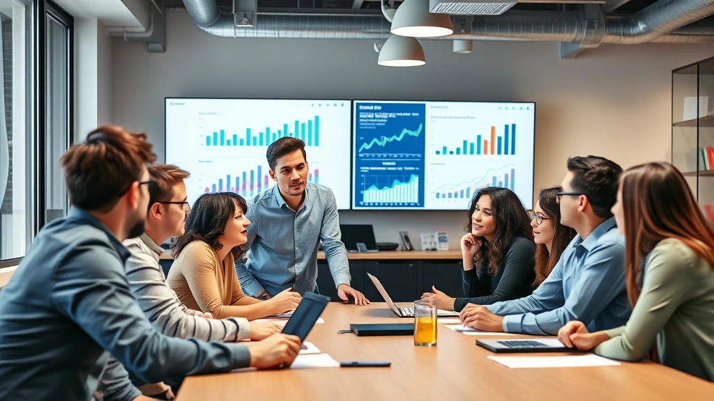 Young professional leading a diverse team meeting in a contemporary office environment with charts and growth metrics displayed on screens, energetic and focused atmosphere