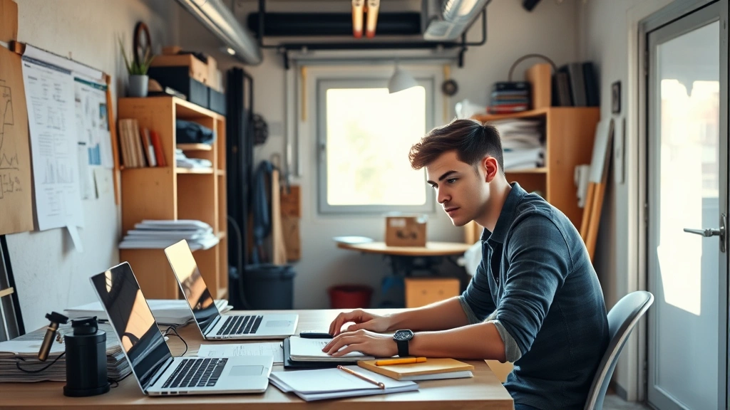 A young entrepreneur working intently at a desk in a small garage workspace, surrounded by laptops, notebooks, and business plans, natural morning light streaming through a window, determined expression showing focus and ambition