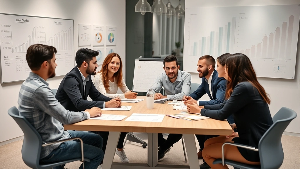 A diverse team of professionals collaborating around a modern conference table during a strategy meeting, whiteboards with growth charts visible in background, engaged discussion showing teamwork and planning