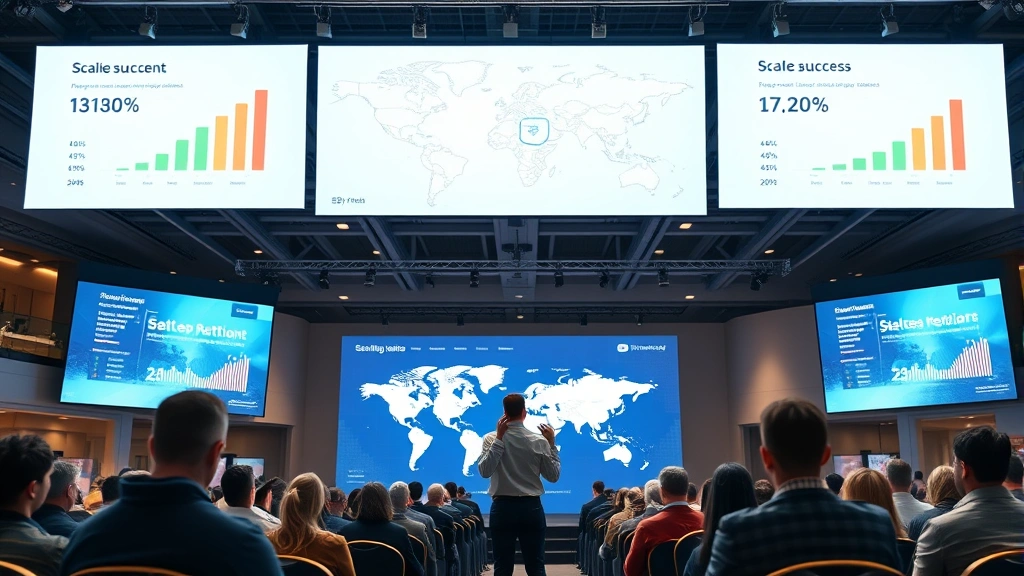 A business founder presenting to a global audience in a modern convention center, large screens displaying growth metrics and worldwide expansion maps, confident stance representing achievement and scaling success
