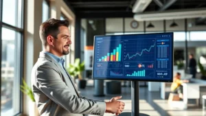 Professional entrepreneur in modern Phoenix office, reviewing growth charts on digital display, confident expression, natural sunlight through floor-to-ceiling windows, contemporary workspace, morning energy