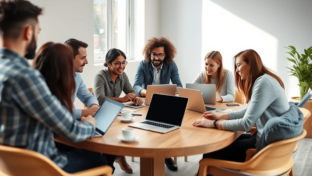 Diverse team collaborating around wooden table with laptops and coffee, engaged in strategic discussion, modern minimalist office setting, natural light, genuine collaboration moment