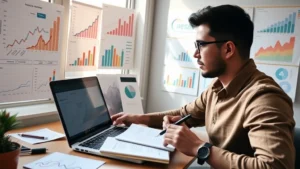Person reviewing data on laptop with notebook and pen, surrounded by growth charts and progress visualizations, natural morning light streaming through window, focused expression, personal development workspace setup