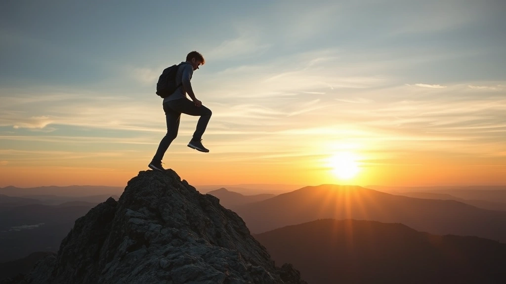 Individual climbing upward on an ascending graph or mountain path, sunrise background, determined posture, representing progression and continuous improvement, metaphorical visualization of growth trajectory