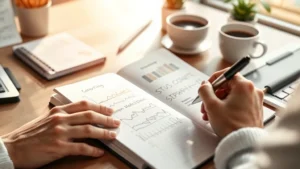 Person writing in notebook with growth chart visualization, morning sunlight, focused expression, desk workspace with coffee, natural lighting, photorealistic