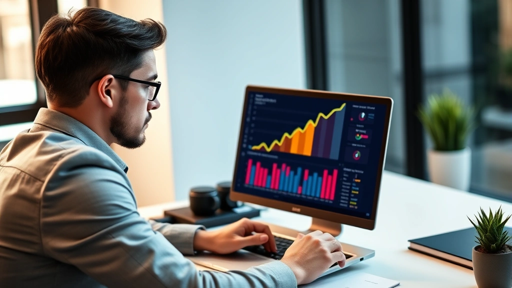 Individual reviewing analytics dashboard on laptop with upward trending graph, determined professional appearance, modern workspace, confident posture, clean desk environment