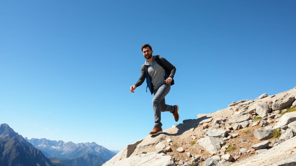Person climbing mountain path with clear sky, representing progress and achievement, determined expression, outdoor natural setting, expansive view, success symbolism