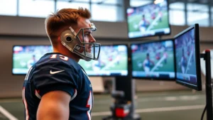Athletic man in professional quarterback uniform studying game film intently on multiple screens in modern training facility, focused expression, professional sports environment