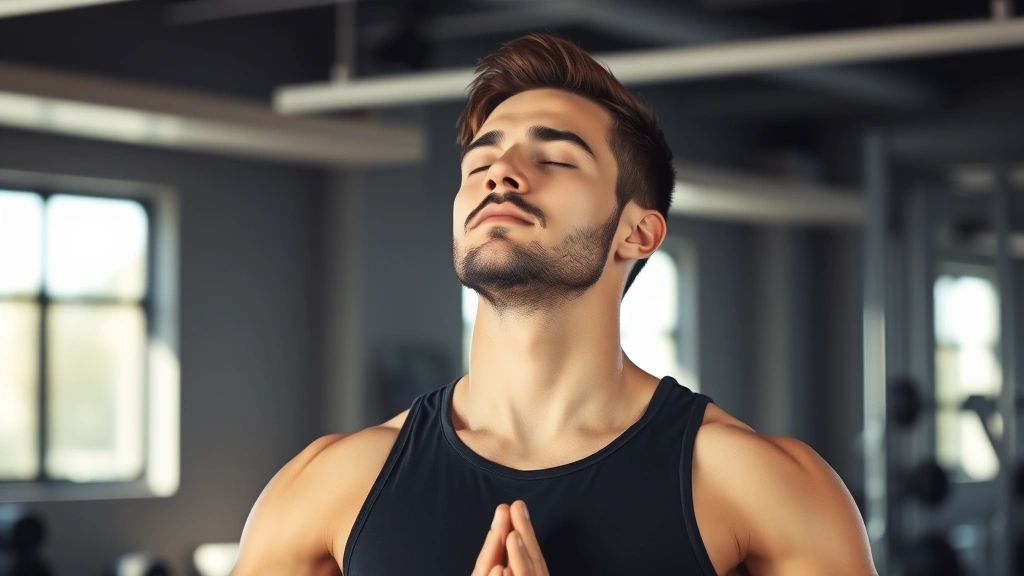 Male athlete in workout gear performing visualization meditation with eyes closed, peaceful concentration, natural lighting in gym or training room setting