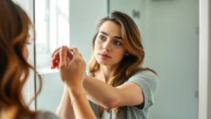 Woman examining arm hair in mirror with thoughtful expression, natural lighting, modern bathroom setting, peaceful and introspective mood, close-up of skin texture