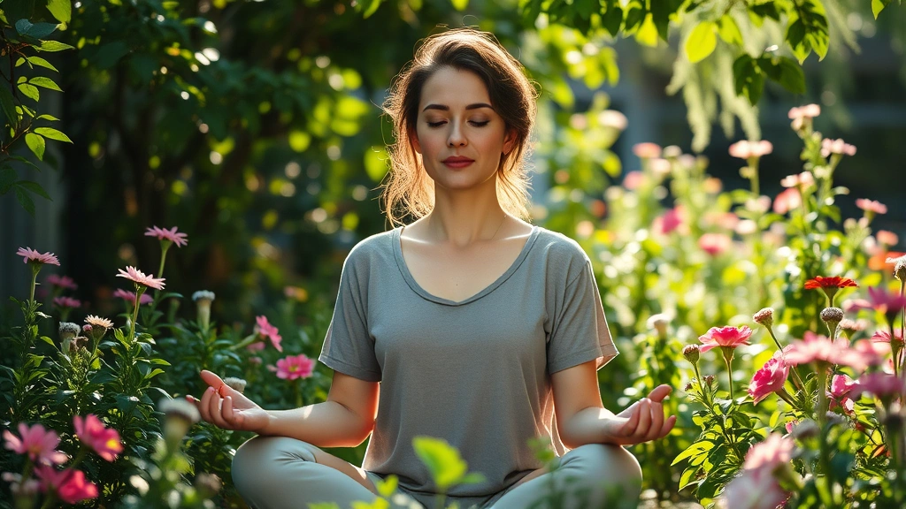 Woman meditating in peaceful natural garden surrounded by plants and flowers, sunlight filtering through leaves, serene expression, wellness and hormonal balance concept