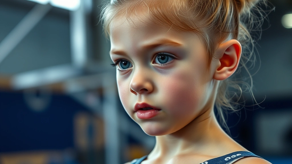 Close-up of a young gymnast's determined face during training, showing focus and effort, gymnastics equipment blurred in background, empowering and growth-focused moment