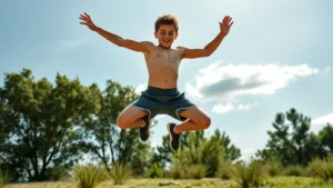 Young athlete in mid-jump performing vertical leap, muscular form against bright sky, representing peak physical performance and growth potential, natural outdoor setting