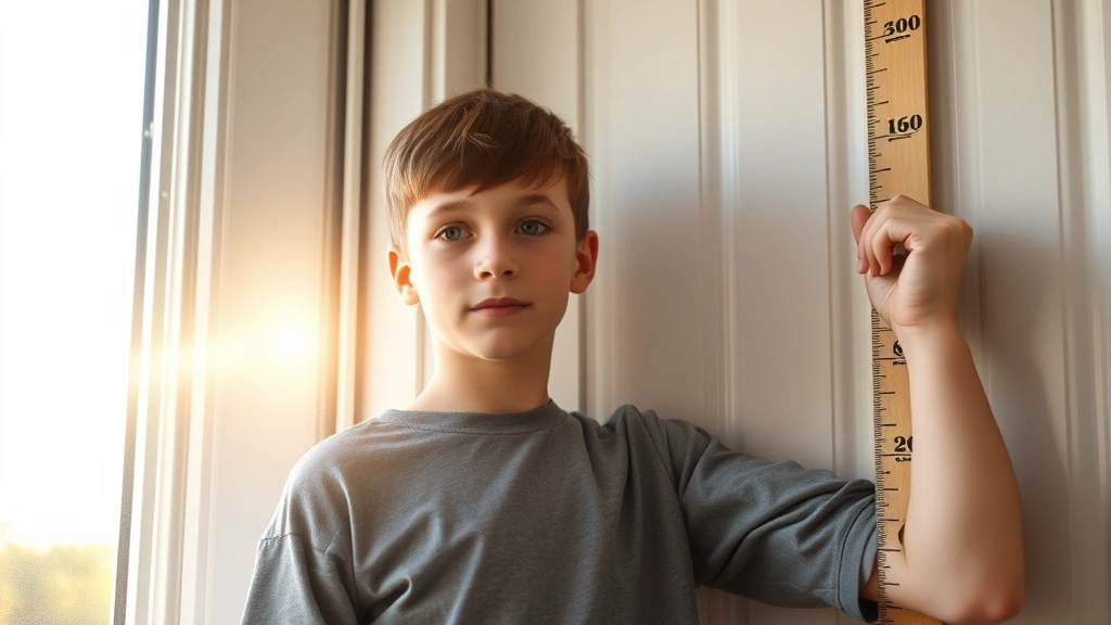 Teenage boy measuring height against doorframe with focused expression, morning sunlight through window, representing growth monitoring and health awareness during development