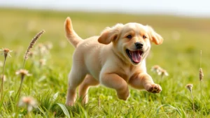 Energetic golden retriever puppy running through meadow with vibrant expression, demonstrating healthy physical development and joyful movement during growth phase