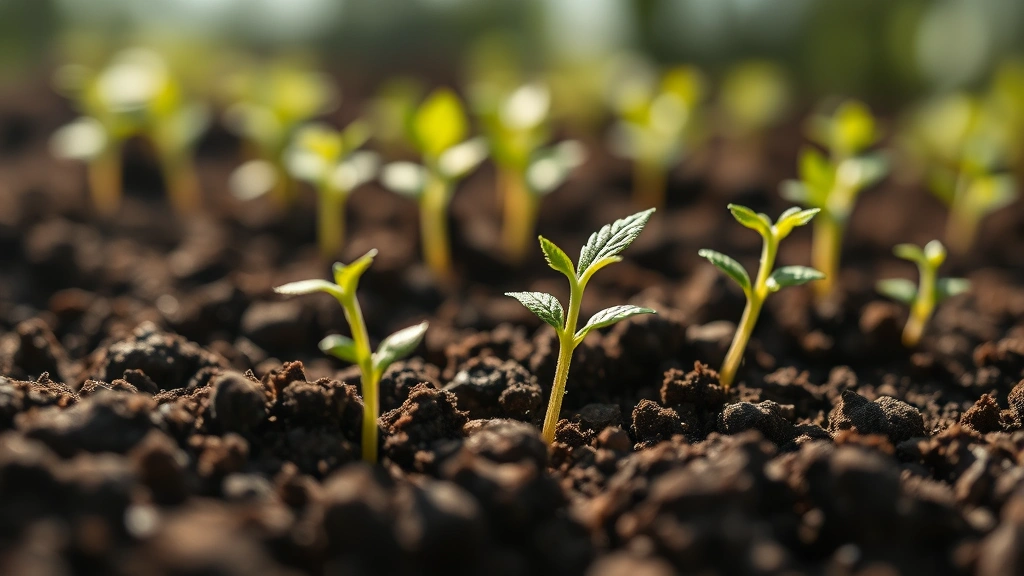 Close-up of cannabis seedlings with tiny green leaves emerging from soil in natural sunlight, photorealistic detail, shallow depth of field, representing early growth stage potential and new beginnings