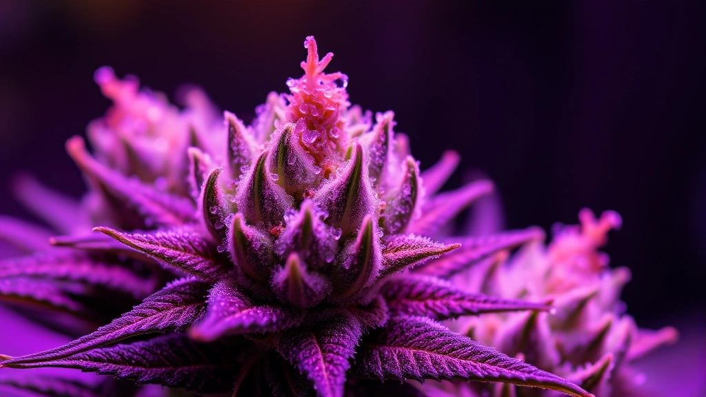 Mature cannabis flowering buds covered in crystalline trichomes under specialized flowering light, close-up macro photography showing peak ripeness and resin development, photorealistic detail