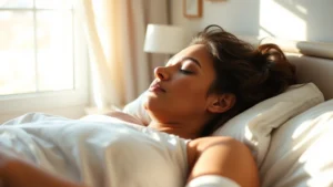 Person peacefully sleeping in a sunlit bedroom with soft morning light streaming through window, minimal furniture, serene expression, natural lighting emphasizing restfulness