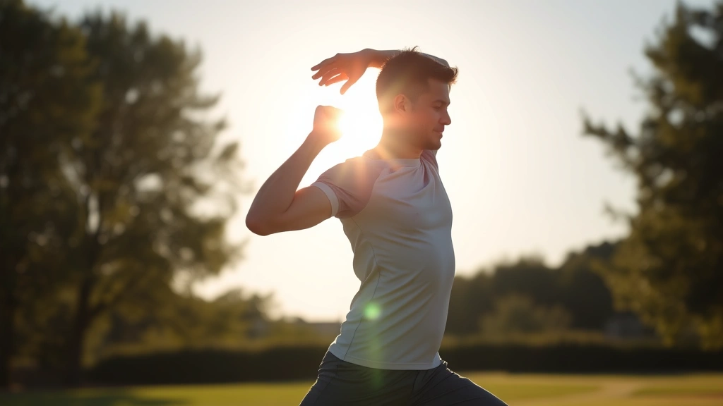 Individual stretching in bright morning sunlight outdoors, energized posture, clear sky, showing transition from sleep to active productivity, natural environment
