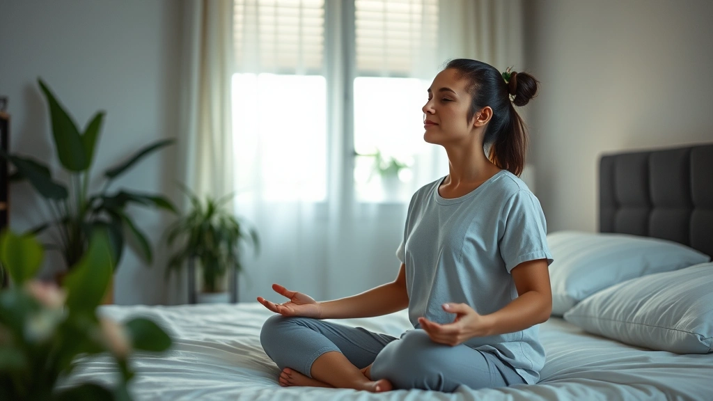 Person meditating or practicing relaxation in calm bedroom environment, sitting peacefully, soft lighting, plants visible, creating peaceful pre-sleep atmosphere