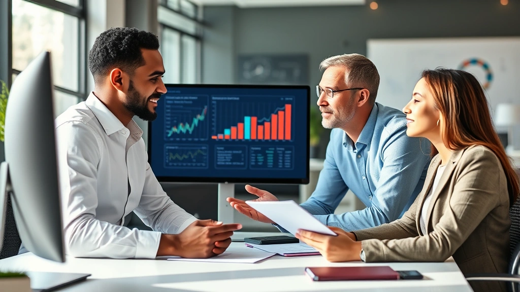 Professional financial advisor discussing growth strategy with diverse client in modern office setting with charts and analytics on screen, natural lighting, confident expressions, contemporary workspace