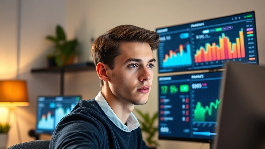 Young professional reviewing financial dashboard on multiple screens showing growth metrics and performance indicators, focused expression, modern home office environment, ambient lighting on face