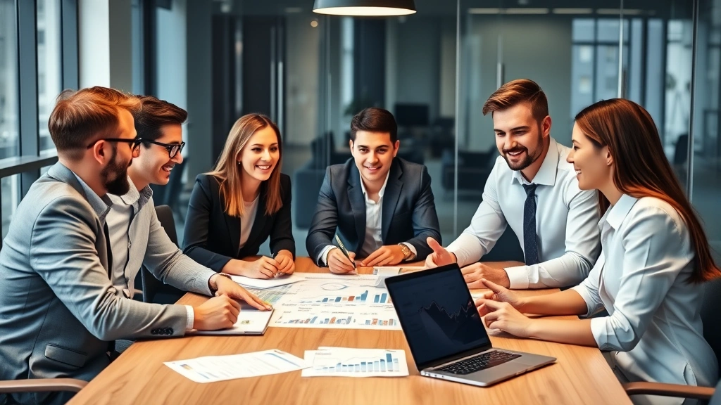 Team of financial professionals collaborating around conference table with data visualizations and growth charts visible, diverse group, professional attire, positive collaborative energy, modern corporate space