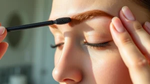 Close-up of a person applying golden castor oil to their eyebrow with a mascara wand applicator, natural lighting showing the brow area clearly, peaceful expression, bathroom mirror setting