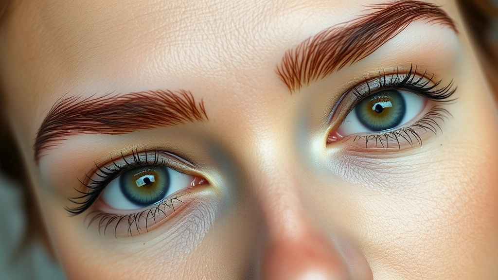 Close-up of woman's face showing thick, well-groomed eyebrows with natural lighting, emphasizing eyebrow definition and fullness, photorealistic, professional beauty photography style, no text