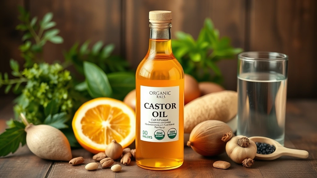 Organic cold-pressed castor oil bottle with golden liquid visible, surrounded by natural ingredients like biotin-rich foods and fresh water glass on wooden surface, warm natural lighting, no labels visible