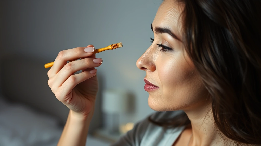 Woman applying castor oil to eyebrows at night using spoolie brush, showing gentle application technique with focused expression of self-care routine, soft bedroom lighting, natural and authentic
